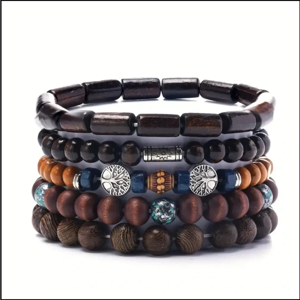5 Pcs/Set Vintage-Inspired Simple Fashion Elastic Wooden Bead‎ Couple Bracelet